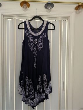 Navy Blue Sleeveless Tie-Dye Paisley Shift Dress Sz One Size